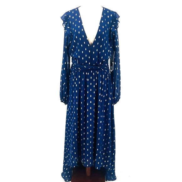 BETSY & ADAM sz 10 L blue silver chiffon long sleeve ruffle hi low dress NWT B53 - Picture 3 of 9